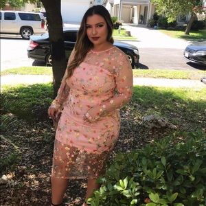 Pink embroidered Floral Midi Dress